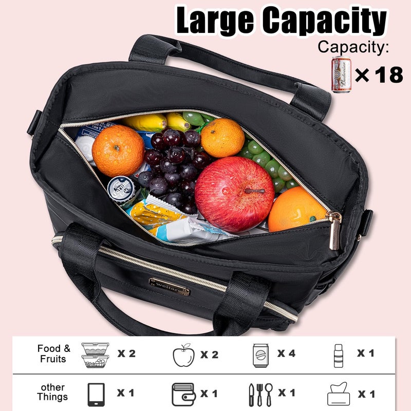 Weitars Insulated Lunch Bag for Women,Leak Proof Lunch Box for Work,Extra Large Lunch Tote Bag With Removable Shoulder Strap with Side Pockets,Reusable Lunch Bag For Picnic Hiking (Black-02) - Image 2